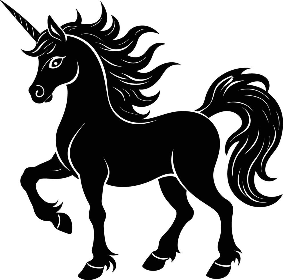 A black and white illustration of a unicorn vector
