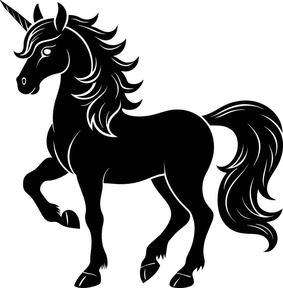 A black and white illustration of a unicorn vector