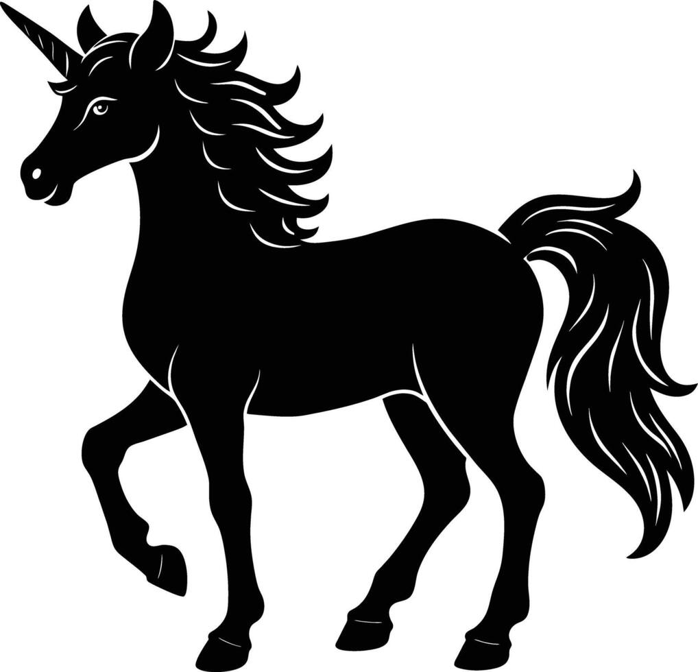 A black and white illustration of a unicorn vector