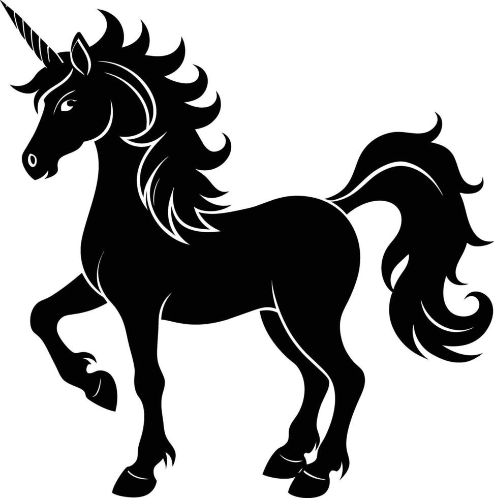 A black and white illustration of a unicorn vector