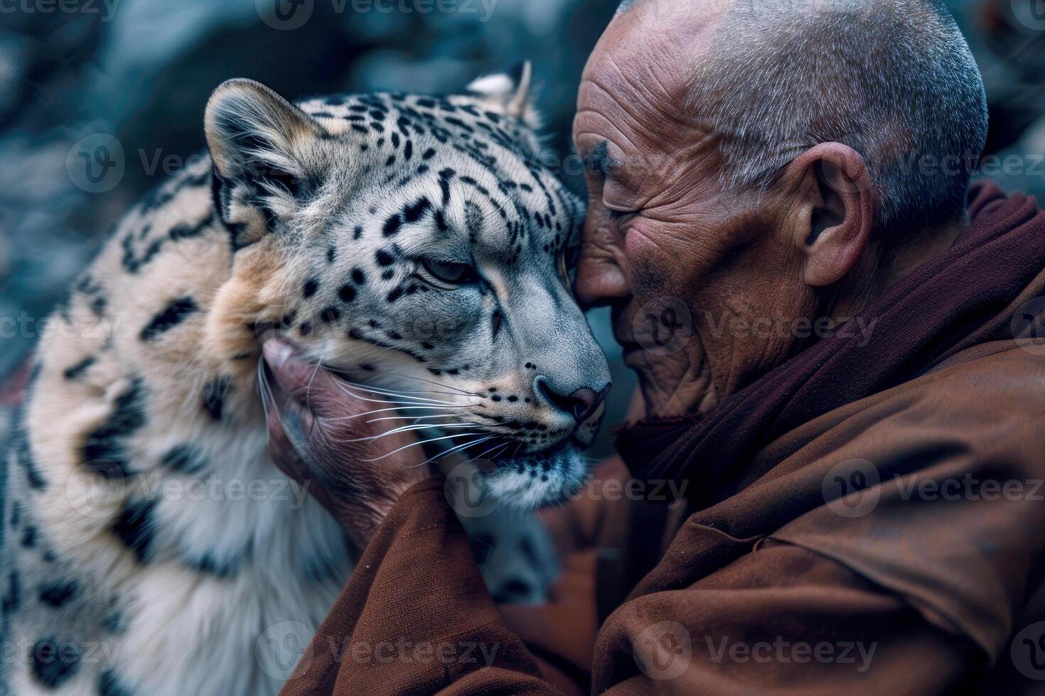 side view of tibetan monk and wild snow leopard. Day of Vesak. Buddhism is all about love and compassion. kindness creating an atmosphere of peace and tranquility photo