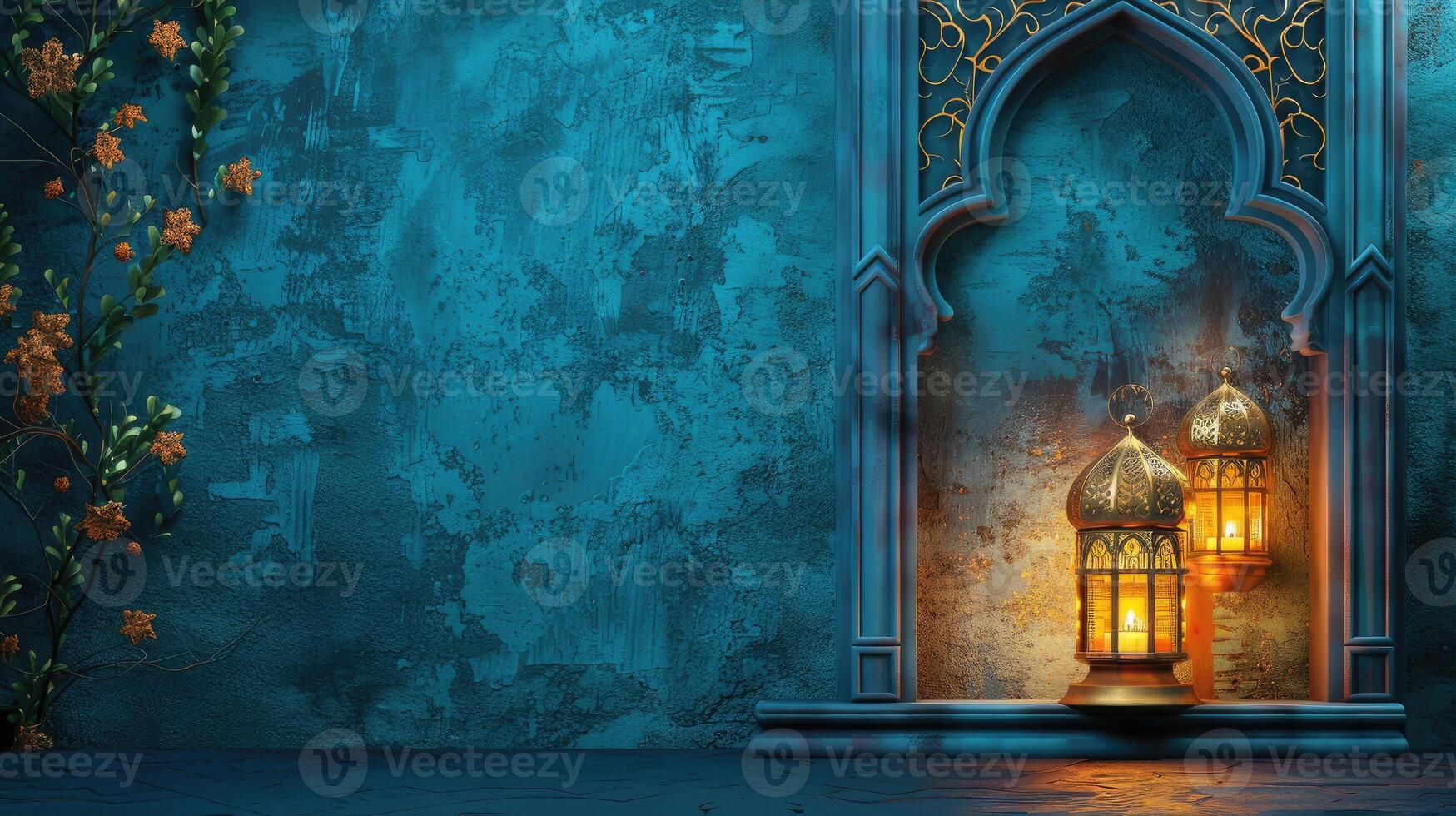 An ornate Islamic archway and glowing lantern against a blue textured wall, capturing the spirit of the Islamic New Year photo