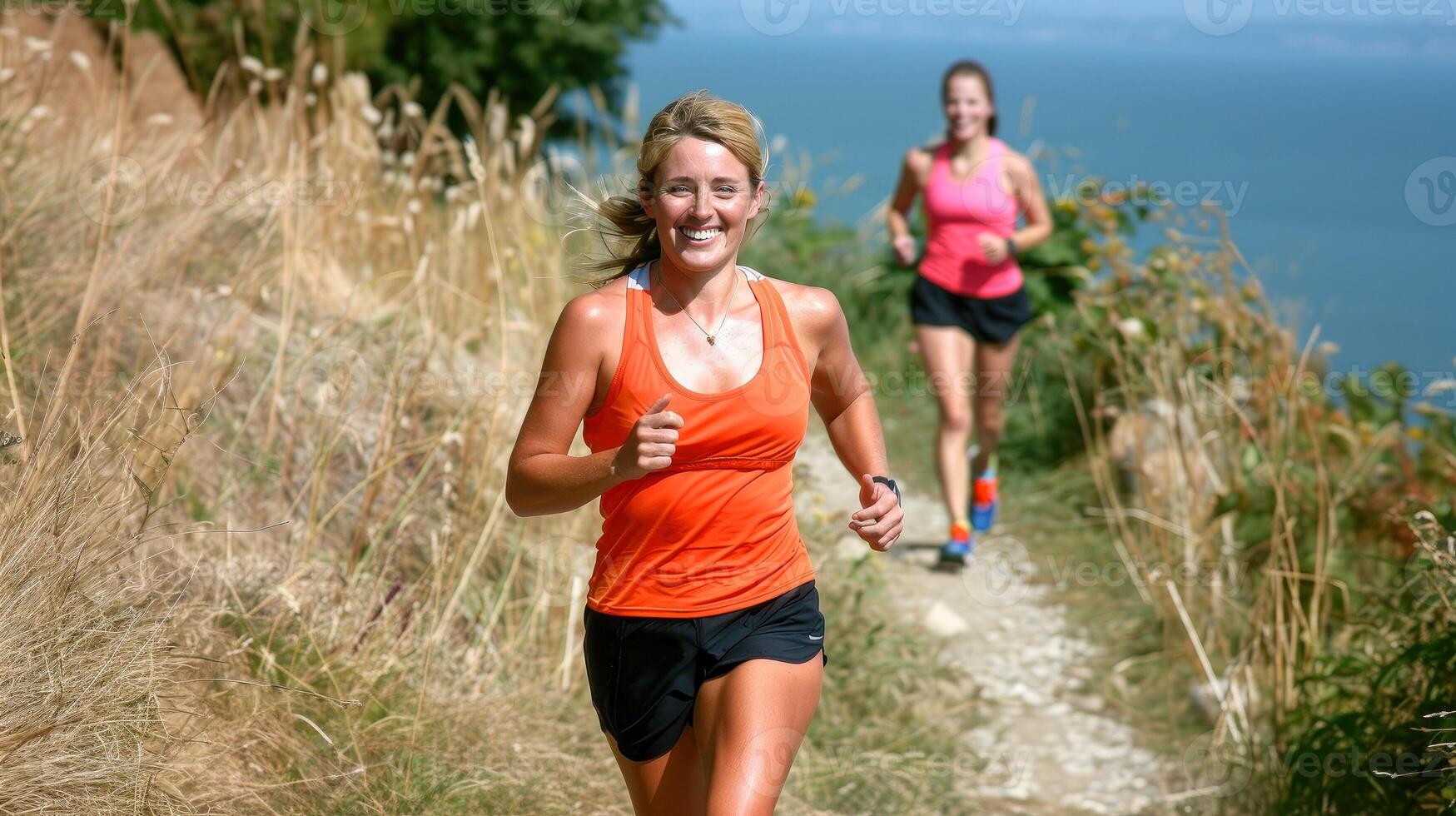 Two women are running along scenic coastal trail on sunny day. leading runner in orange tank top and black shorts, smiles joyfully. promoting active lifestyles, fitness, and outdoor activities photo