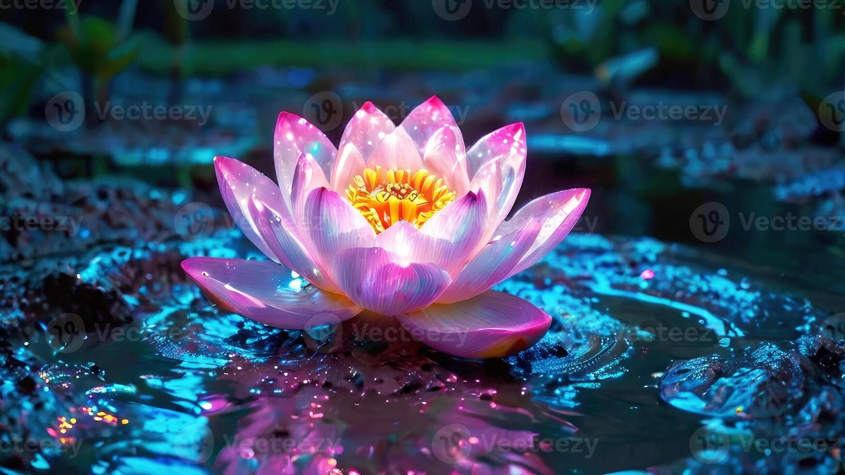 lotus flower in neon light tones emerging from water depths of pond, Day of Vesak that Buddha was born. serene atmosphere of meditation as symbol of purity and enlightenment in Buddhist tradition photo