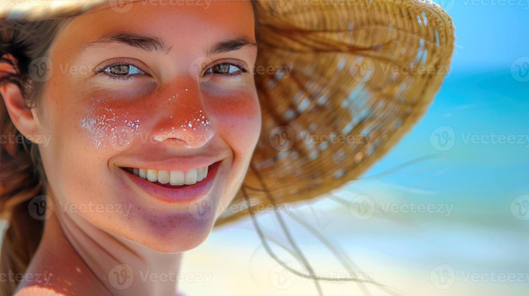 young lady with radiant smile enjoys sunny day at beach, wearing wide-brimmed straw hat and sunscreen on her cheeks and nose. summer scene travel, vacation destinations, summer lifestyle concept photo