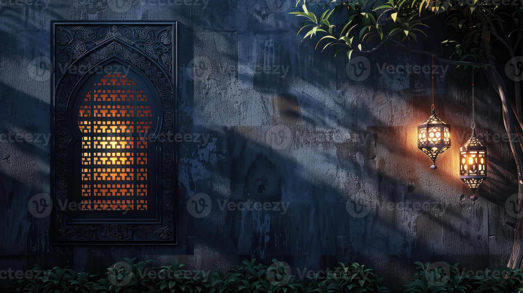 An ornate window with Islamic motifs and a traditional lantern, symbolizing the Islamic New Year, casts a warm glow on a textured wall, inviting reflection and celebration photo