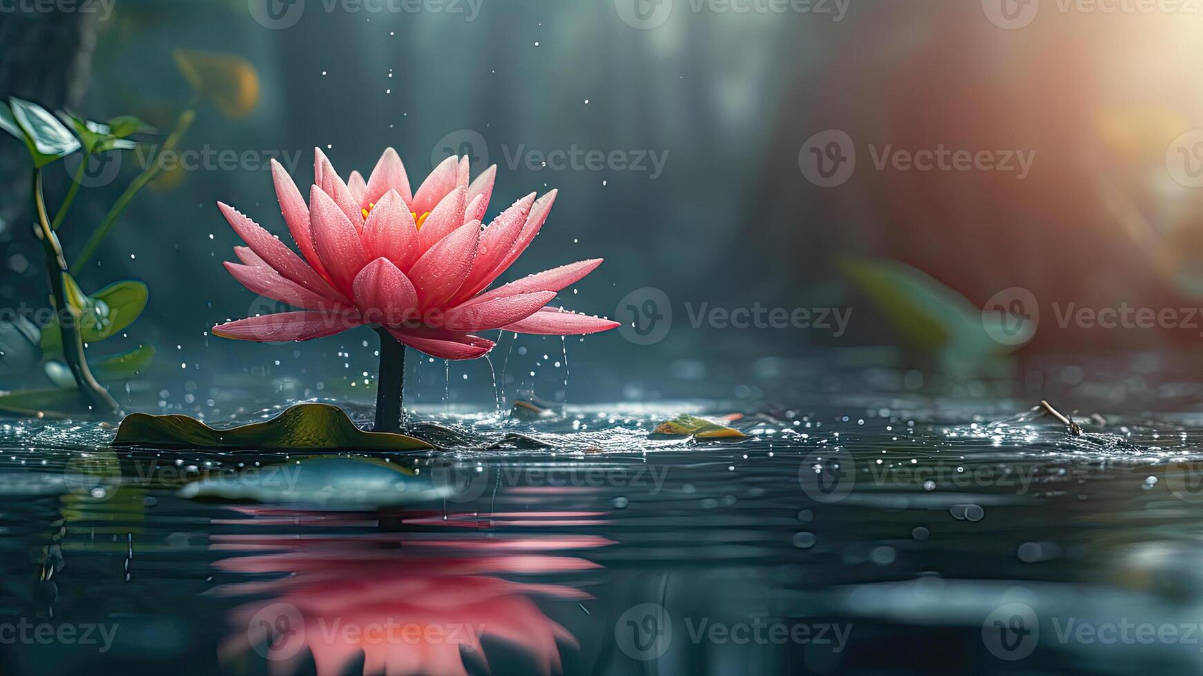 Day of Vesak that Buddha was born. lotus flower emerging from water depths of pond surrounded by greenery, serene atmosphere of meditation as symbol of purity and enlightenment in Buddhist tradition photo