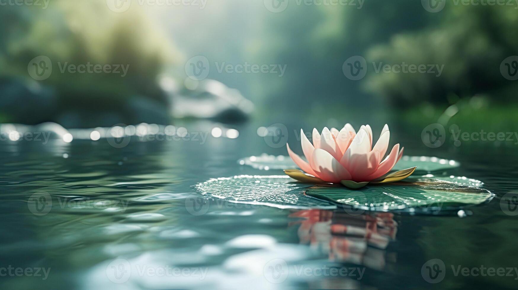 Day of Vesak that Buddha was born. lotus flower emerging from water depths of pond surrounded by greenery, serene atmosphere of meditation as symbol of purity and enlightenment in Buddhist tradition photo