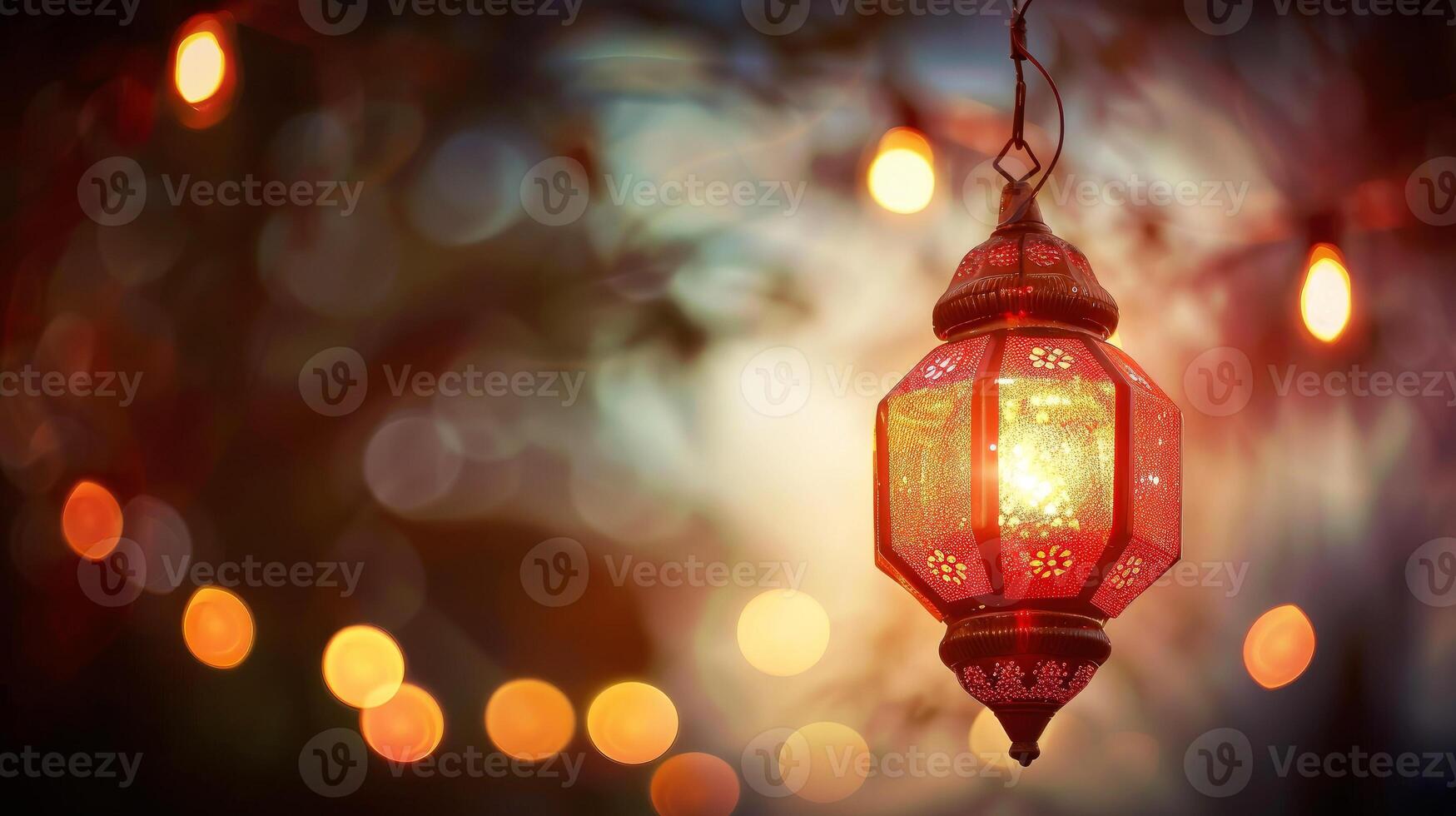 A traditional Islamic lantern, known as a fanous, emits a warm glow against a bokeh light background, symbolizing the festive spirit of the Islamic New Year photo