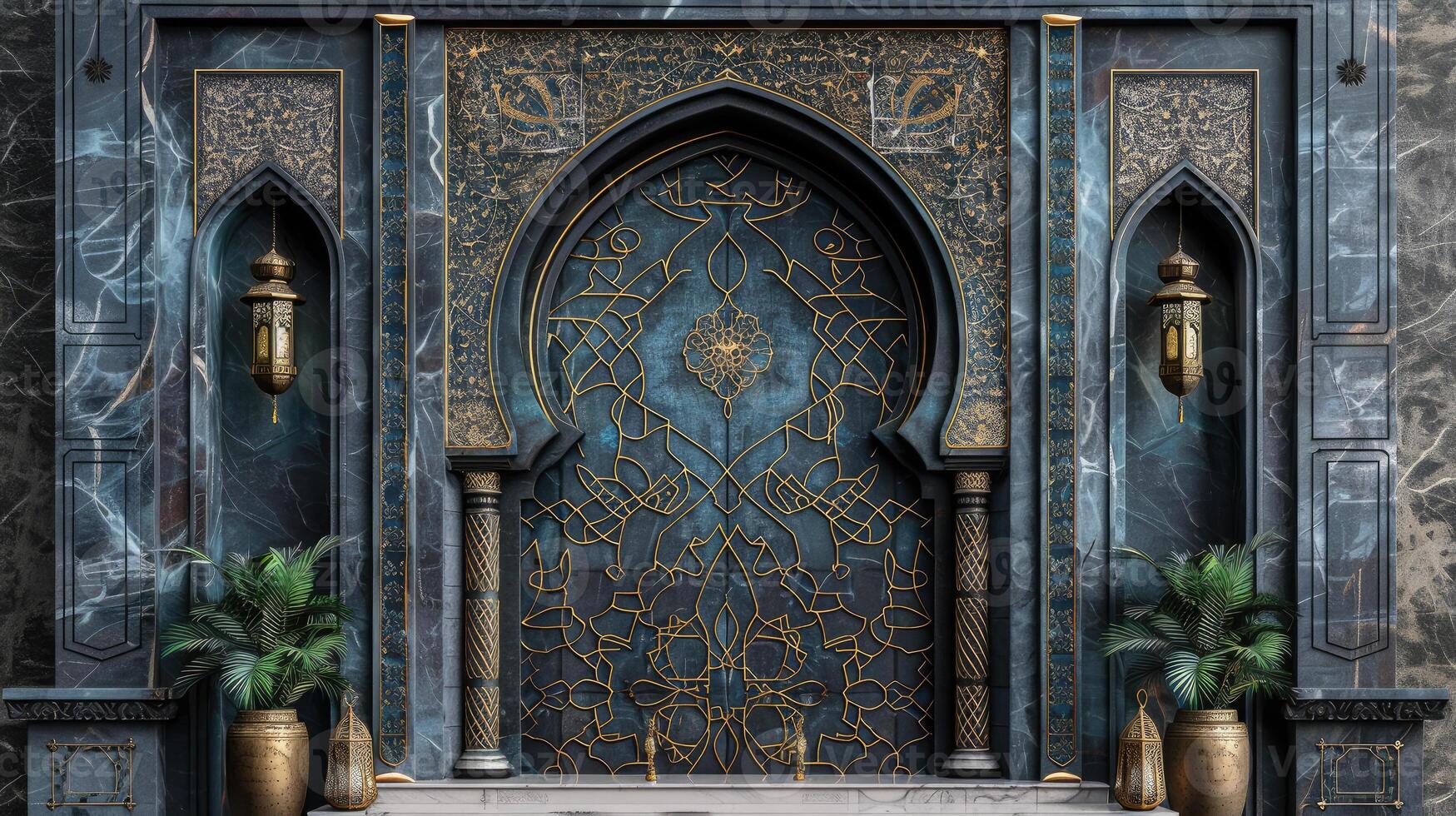 An ornate mosque door adorned with Arabic calligraphy and geometric patterns, symbolizing Islamic New Year, set against a marble texture with gold inlay photo
