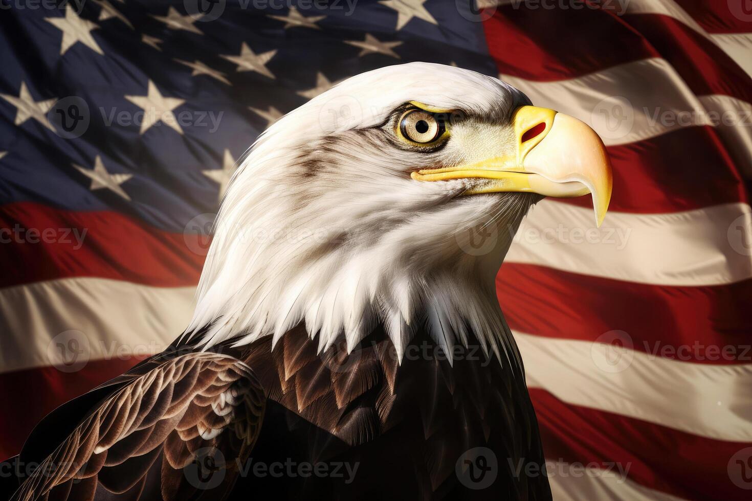 an eagle with its mouth open and an american flag in the background photo