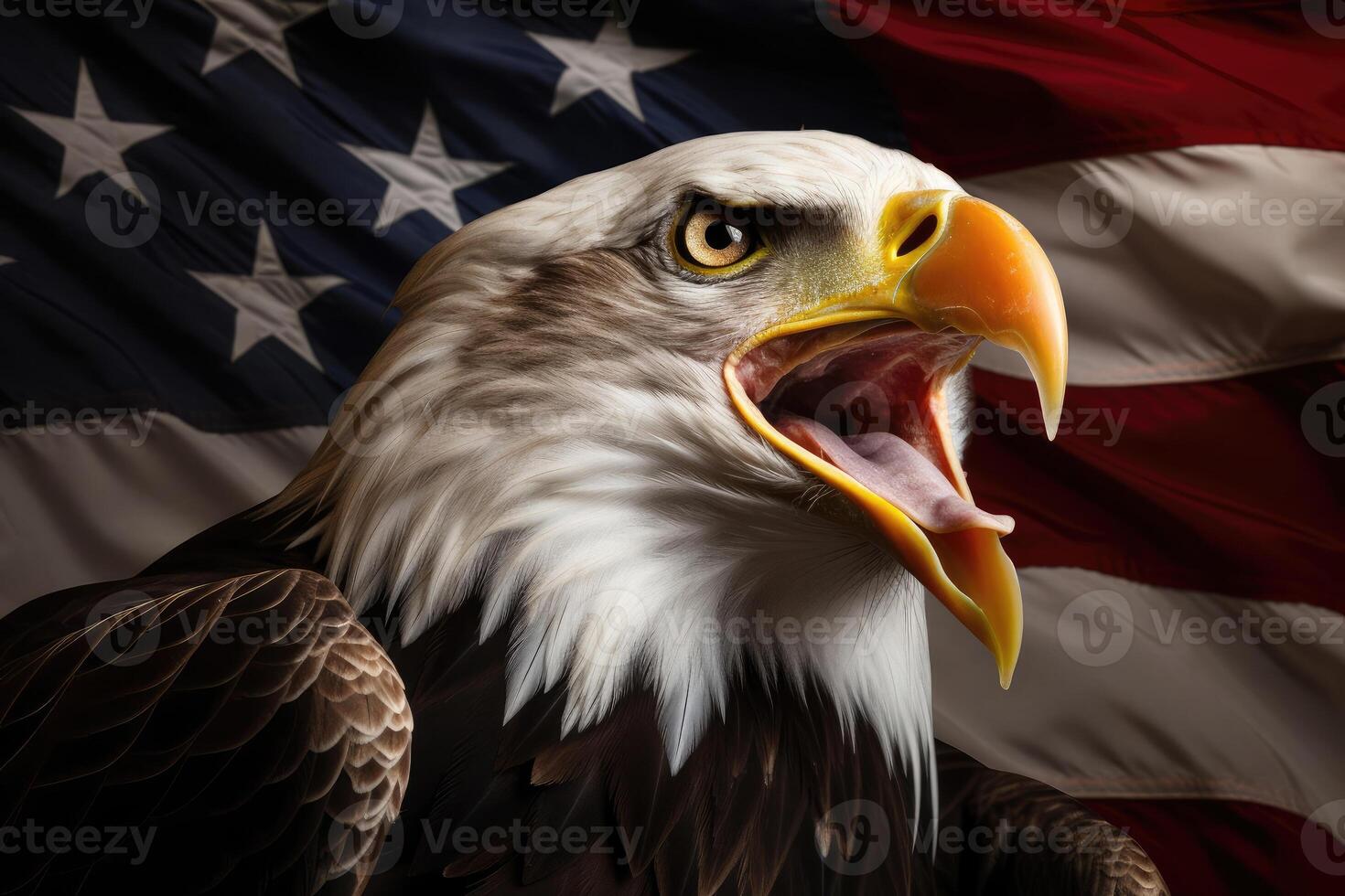 an eagle with its mouth open and an american flag in the background photo