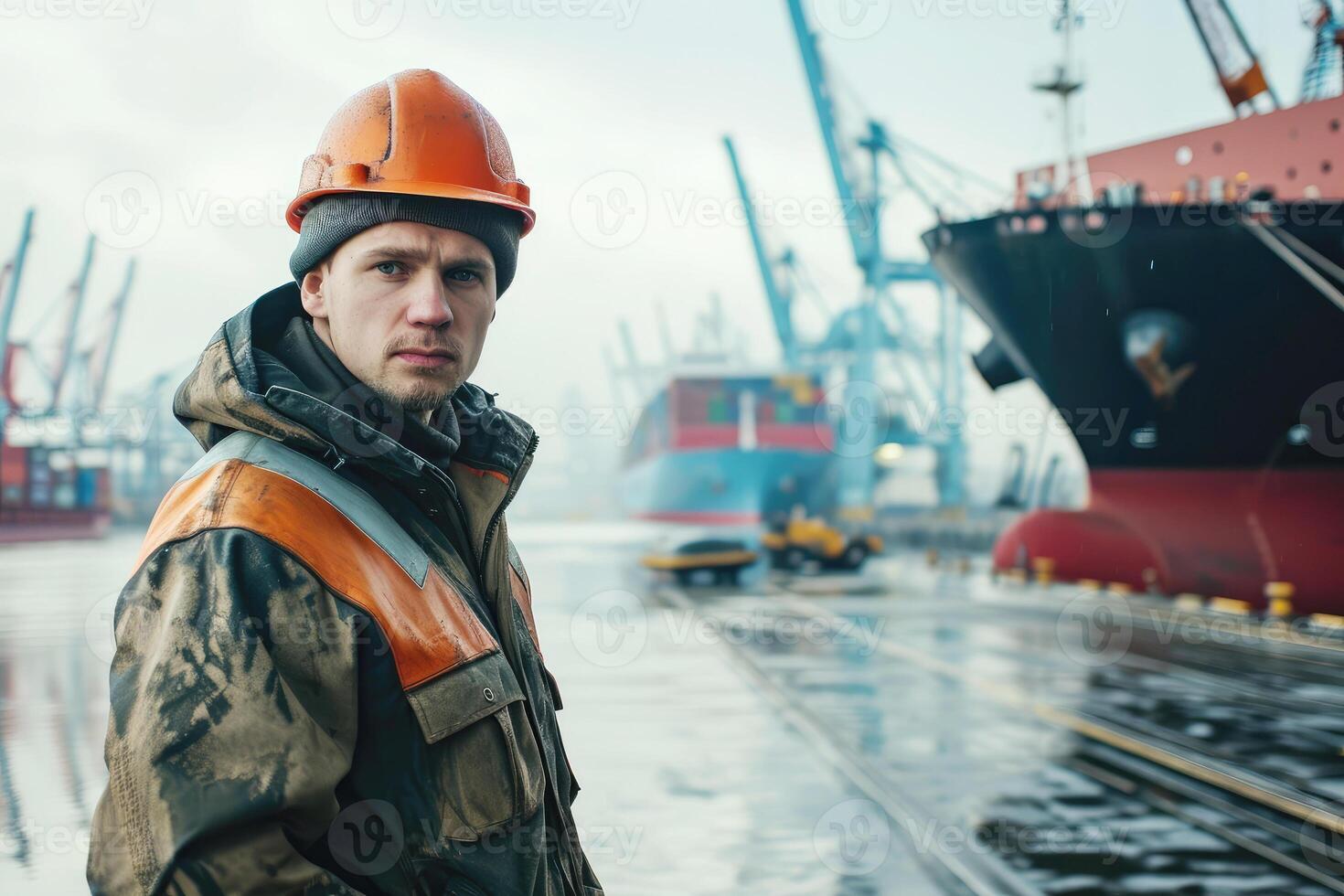 a man in a hard hat standing in front of a ship photo