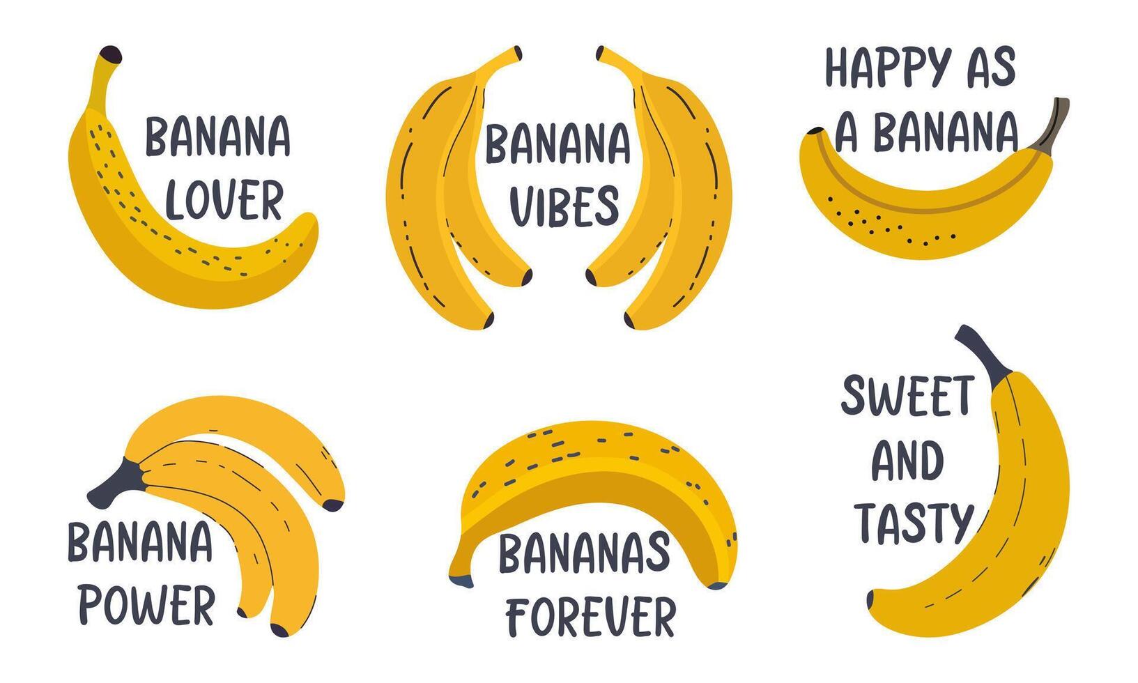 Banana phrases set isolated on white. Cute flat fruits and lettering quotes. Hand drawn print design. Funny phrases for stickers, postcards and posters. vector