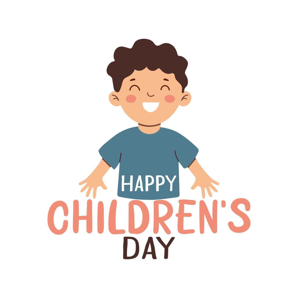 Happy children's day greeting card. Smiling child and colorful lettering isolated on white background. Holiday flat design for banner, poster, flyer. vector