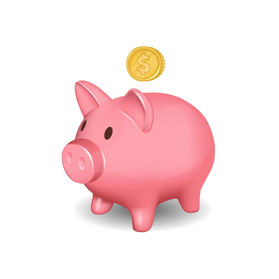 Piggy bank and gold coin. Realistic 3D design. Budget, financial growth, save money, safe finance investment concept. vector