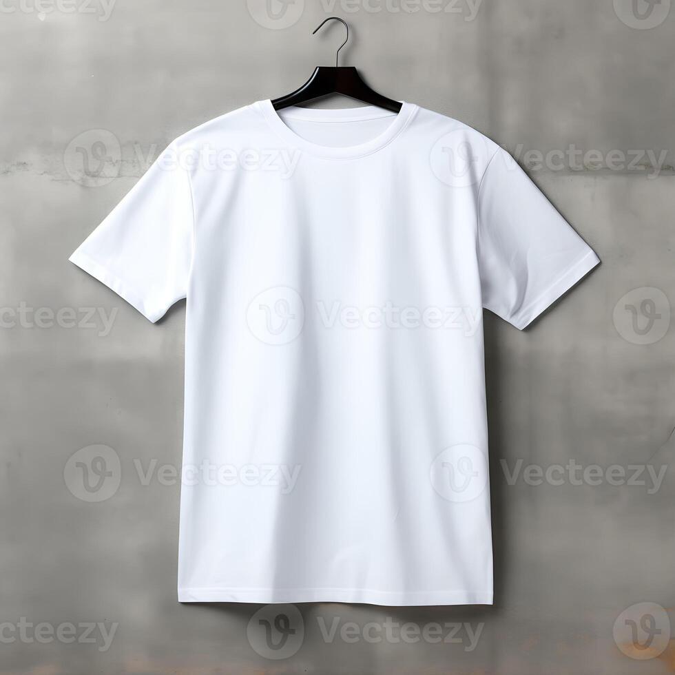Hanging blank tshirt mockup, casual white tee mock, front view photo