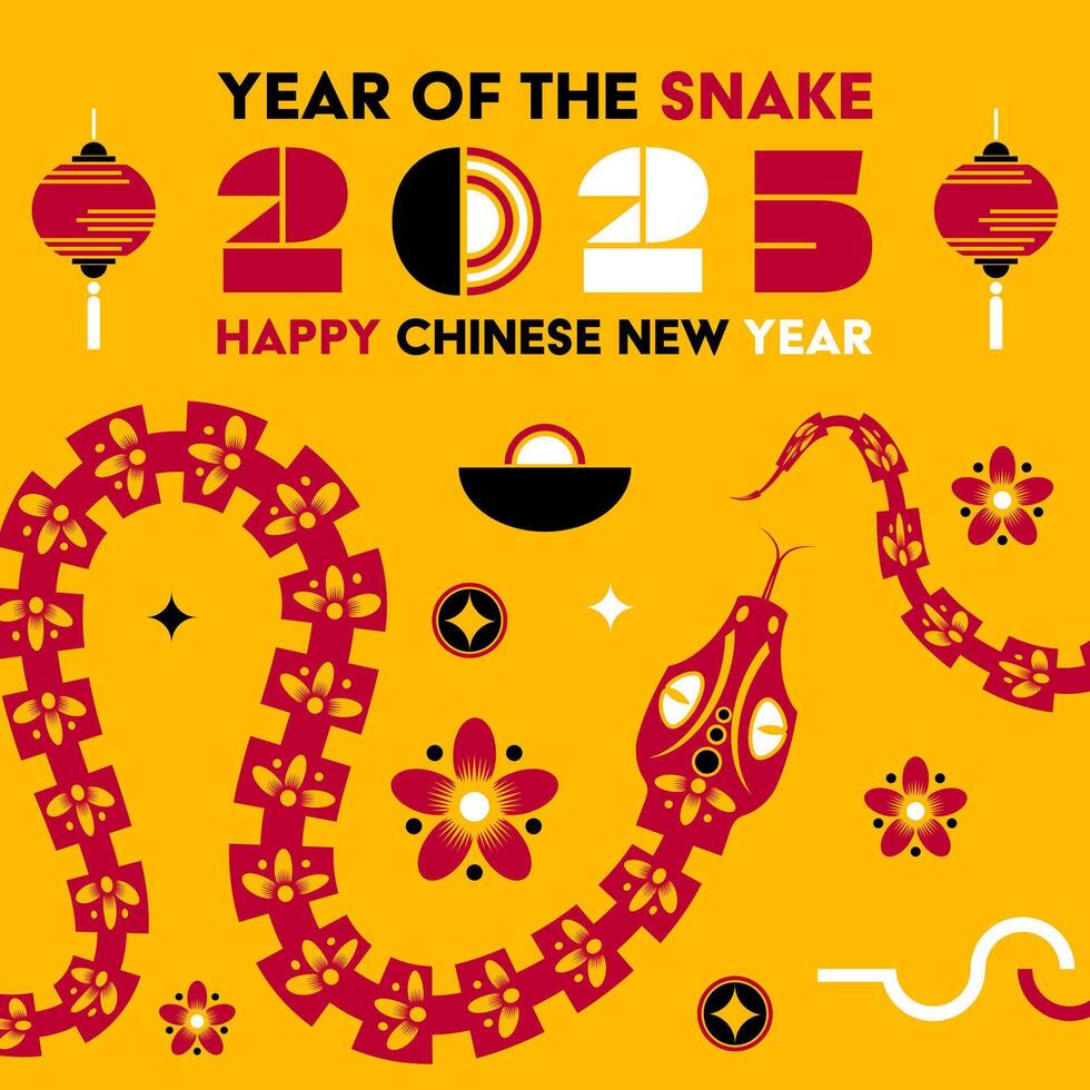 Happy Chinese new year 2025 Snake Zodiac sign, modern flat art design vector