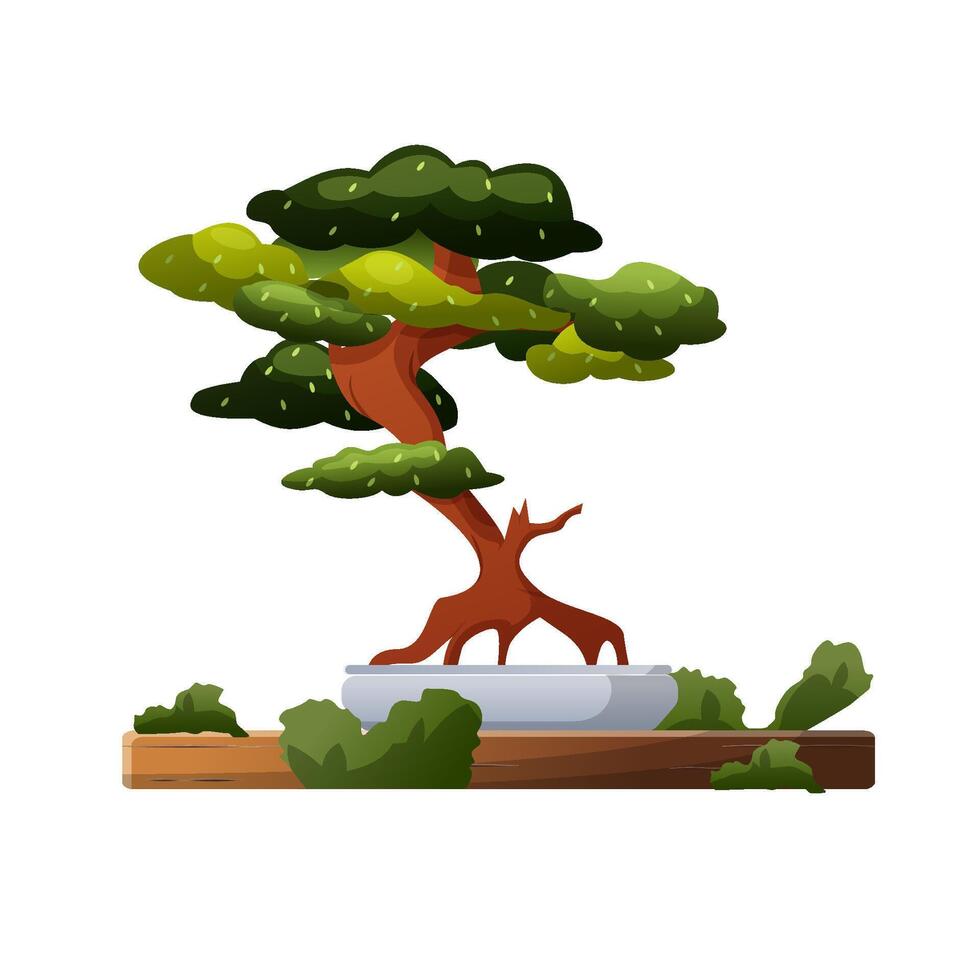 Bonsai tree in the pot and wooden table illustration vector