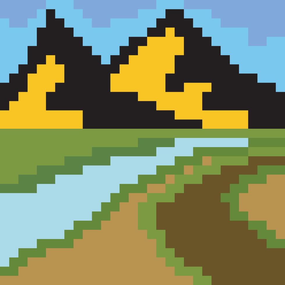 Mountain and river landscape in pixel art style vector