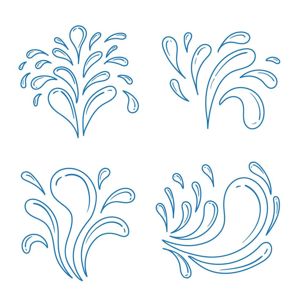 Water splashes line icons set illustration. Marine ripples and liquid drip, ocean or sea waves with foam and splatters, spray with water droplets in wavy outline collection. vector