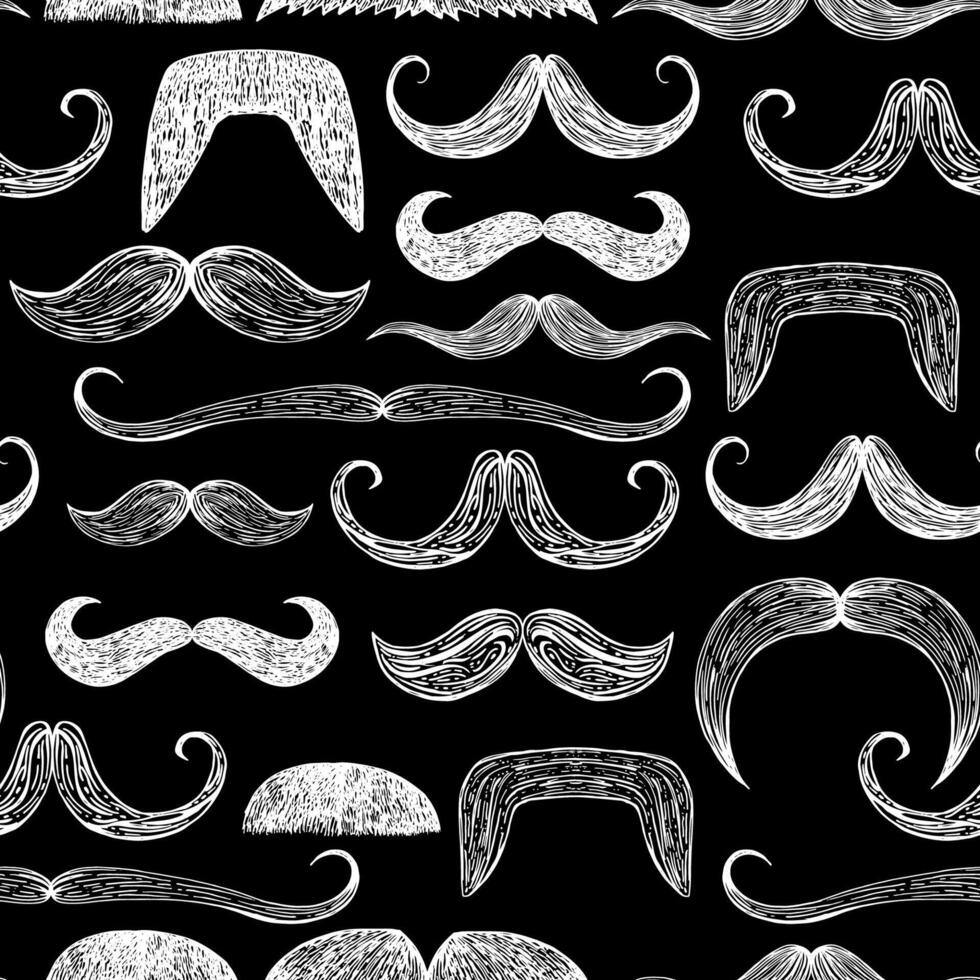 Vintage Style Moustaches Seamless Pattern. hand drawn illustration of different moustaches. Black background. For textile, paper, design, fabric, wallpaper. vector