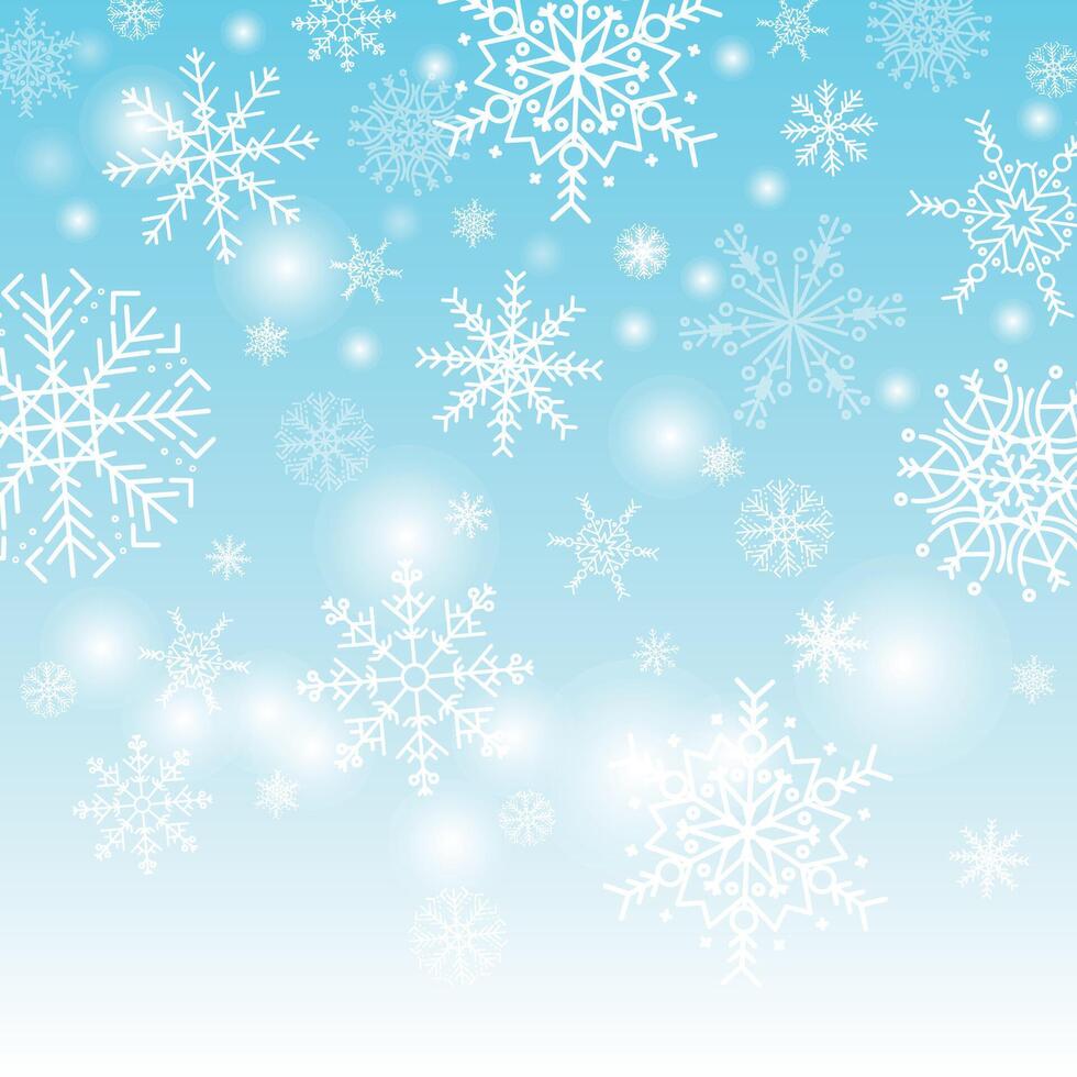 Christmas blue background with falling snow and snowflakes, magical winter sky with snowfall, fantasy shining snowy backdrop, illustration. vector