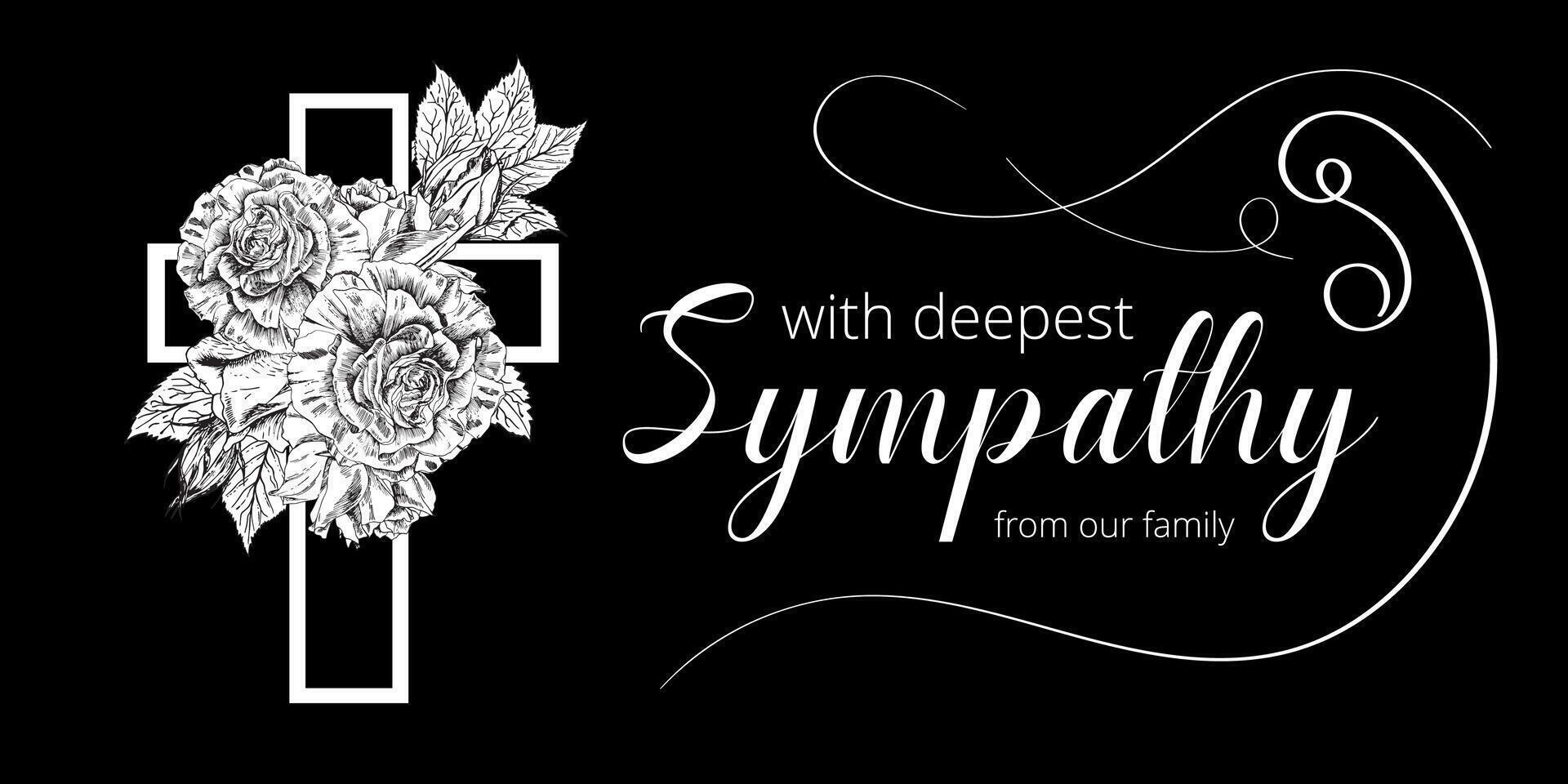 Modern condolences card with sketch of roses flowers. Memories and funeral template design. Hand drawn floral arrangement. For flyers, invitations. Black background. banner vector