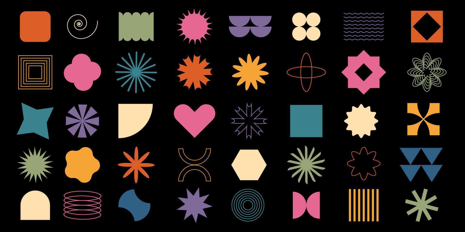 Big set of random geometric shapes. Trendy abstract minimalist figures and elements. . Modern graphic elements. Illustration in retro colors. 70s. design. vector