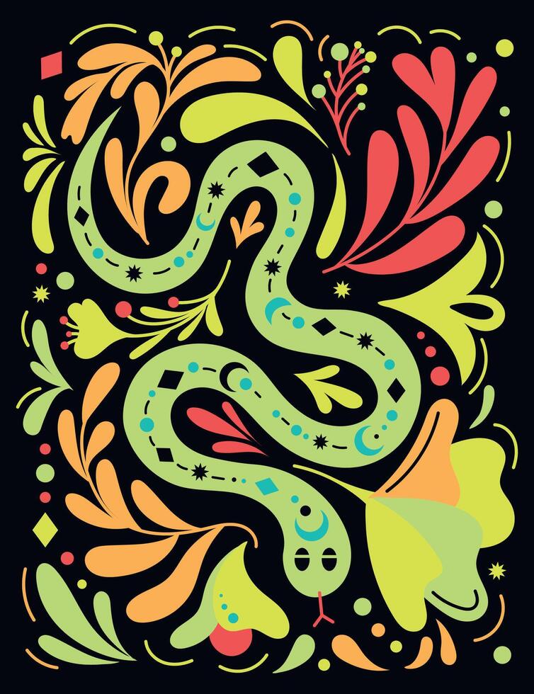 Mystical serpent illustration in hand drawn boho style with floral elements. Fantasy concept mythical creature, esoteric elements. Perfect for tarot cards, posters, t-shirt graphic. Ethnic magic, neon vector