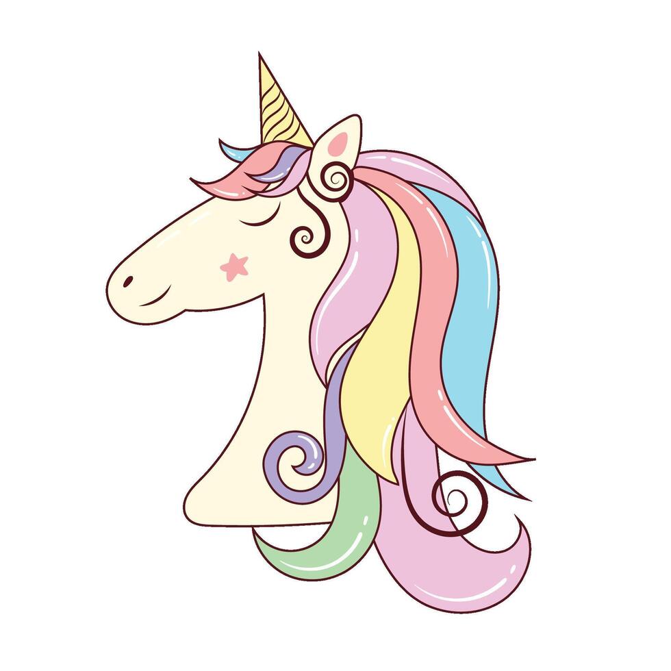Beautiful unicorn head with colorful mane or crest. Cute child illustration. Suitable for stickers, design, nursery vector