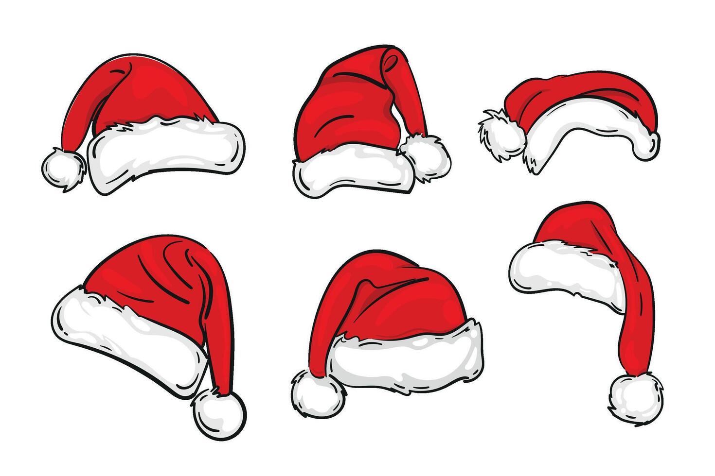 Santa red hats with white fur and ink sketch set. Isolated Christmas holiday decoration illustration. For logos, advertising, flyers. etc. vector