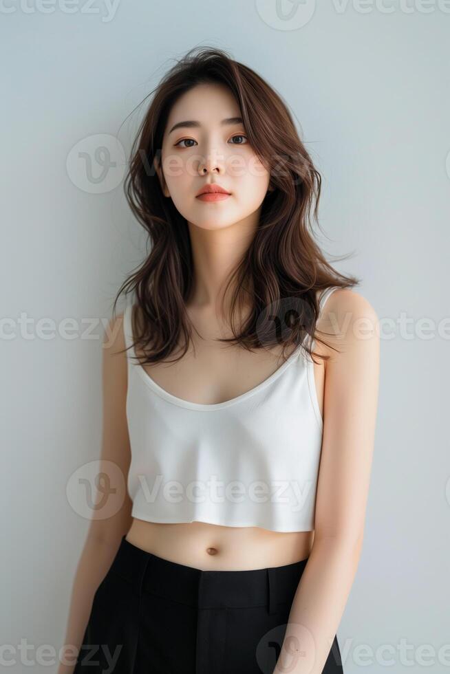 Fashionable young Asian woman. Portrait of a fashionable young Asian woman in a white crop top and black trousers. . photo