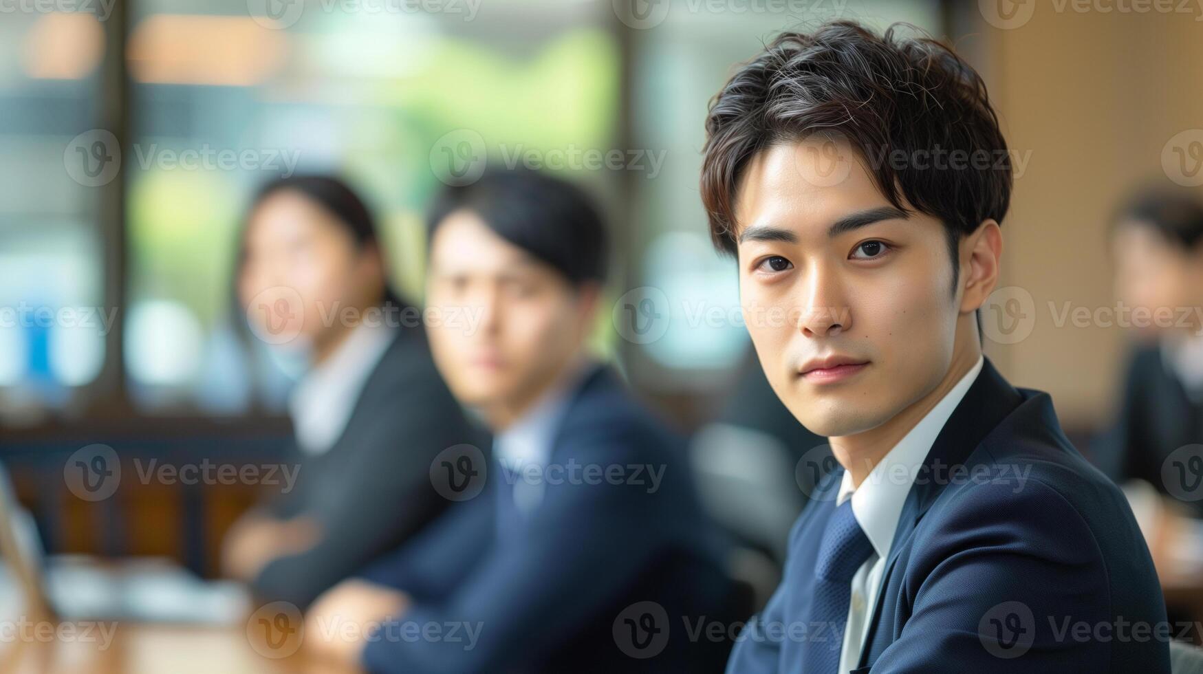 Young Asian businessman in a meeting. Focused portrait of a young Asian businessman at a conference table with colleagues in the background. photo