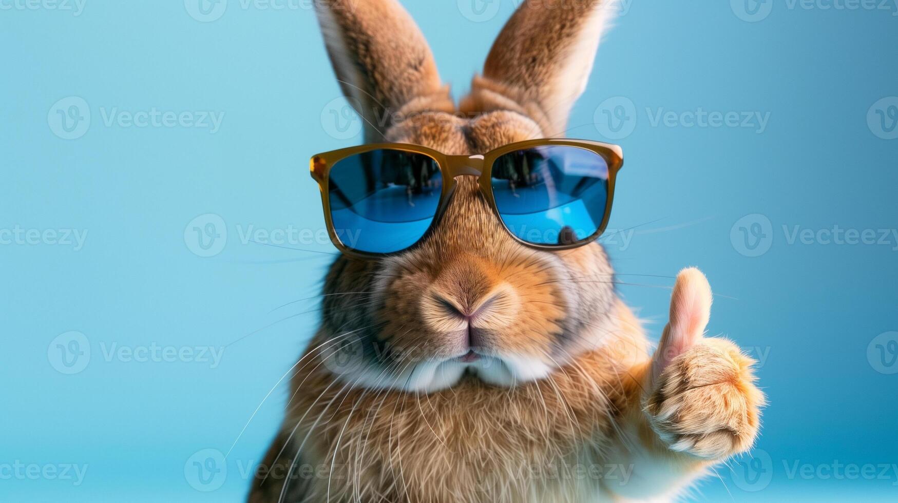 Rabbit with sunglasses giving a thumbs up. Close-up of a rabbit with sunglasses giving a thumbs up, against a blue background. . photo