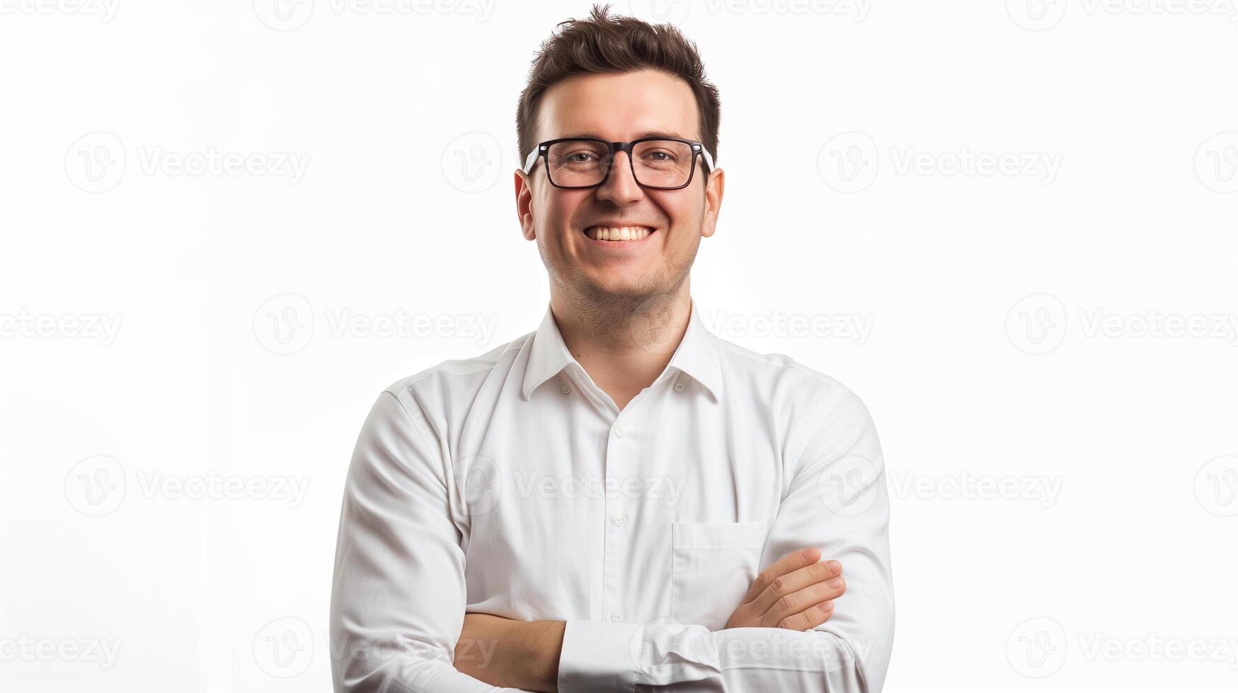 Confident Businessman in White Shirt. Portrait of a confident young businessman in glasses, wearing a crisp white shirt, smiling and standing with arms crossed. photo