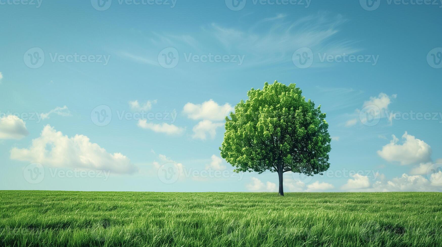 Solitary tree in green field.Lone tree standing in a vast green field under a clear blue sky. photo