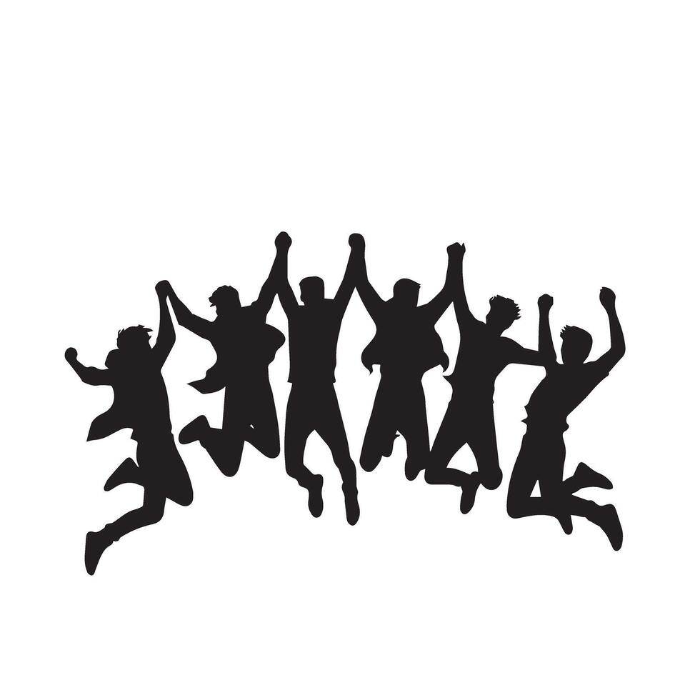 People's silhouette holding hands enjoying friendship.People jumping silhouette. friends youth background. Crowd people, close to each other. vector