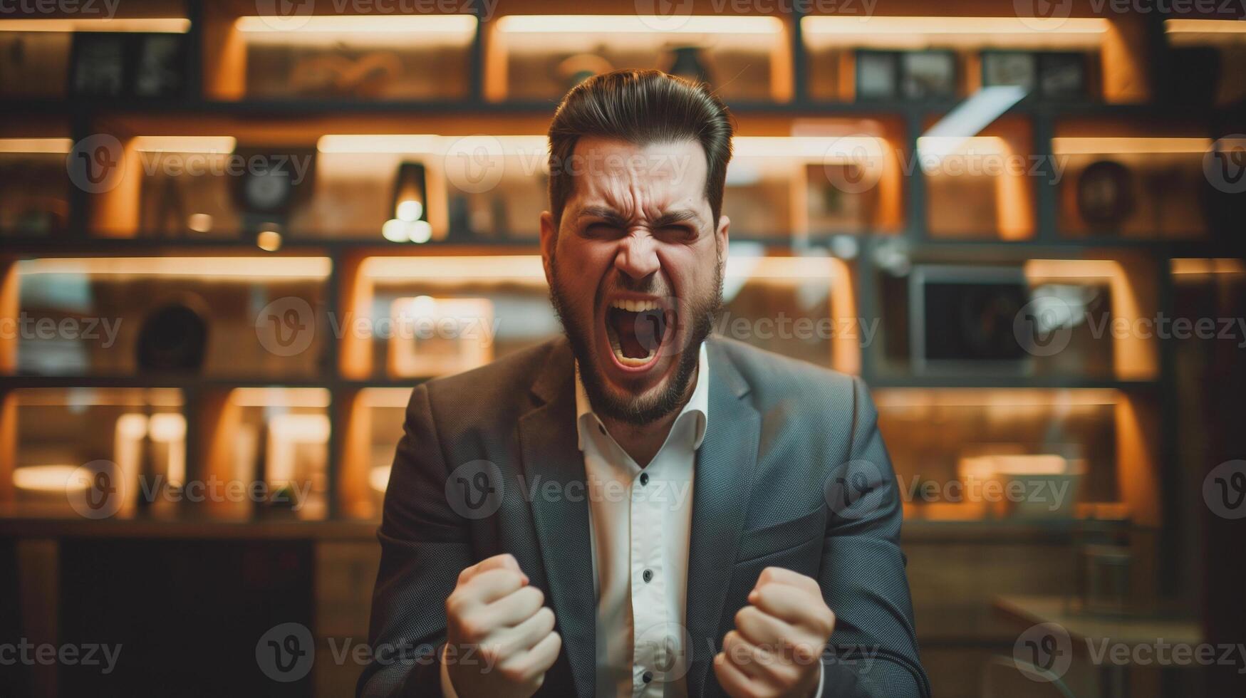 Man celebrating success in modern office. A young businessman in a suit celebrates enthusiastically in a stylish office with shelves in the background. . photo