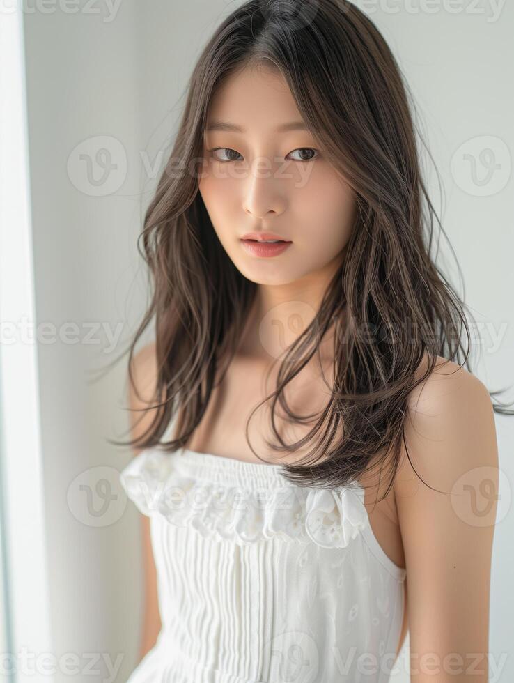 Elegant Woman in White Dress Posing photo