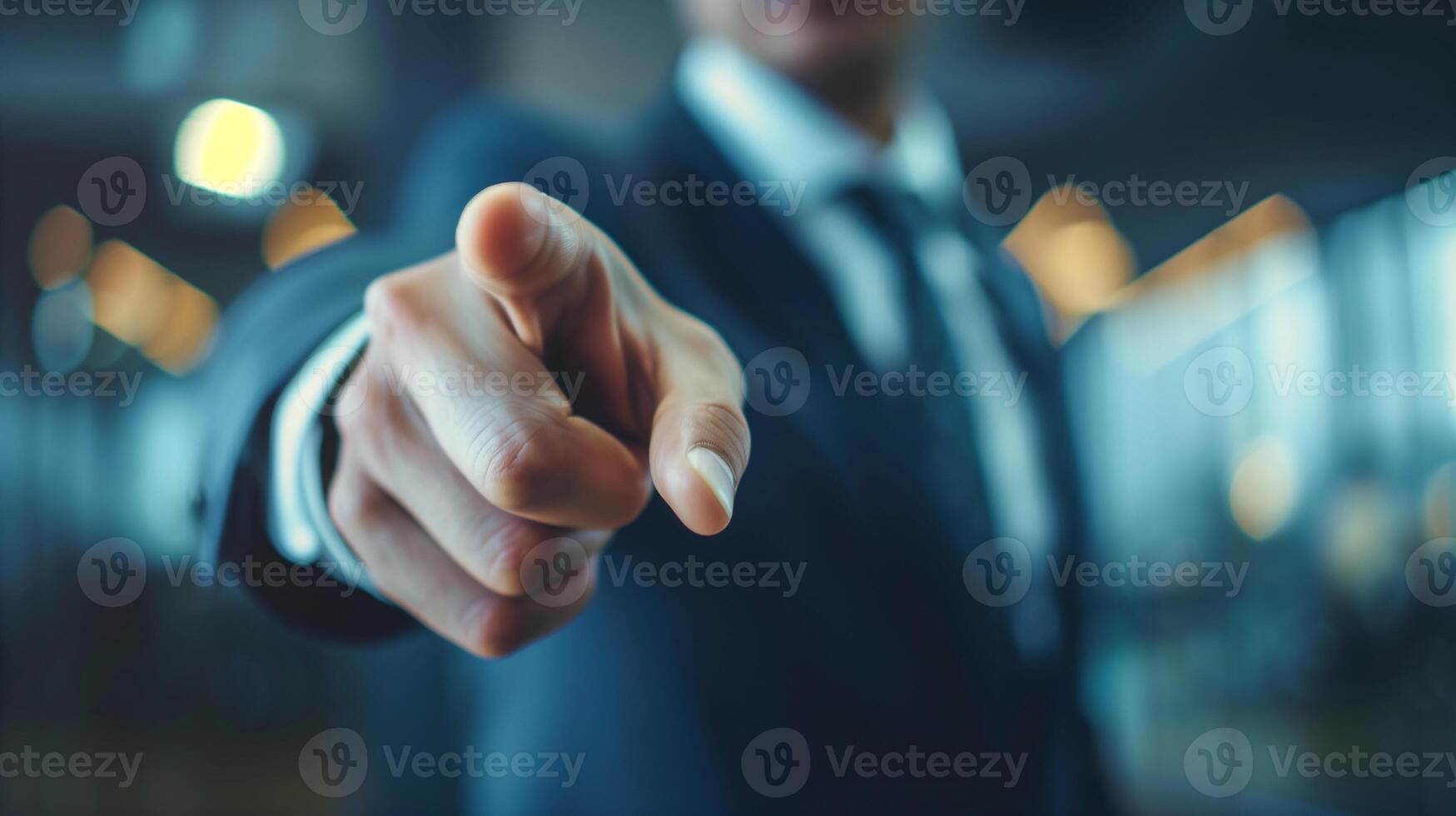 Businessman pointing finger forward. Close-up of a businessman in a suit pointing his finger forward, focus on the hand, with a blurred office background. photo
