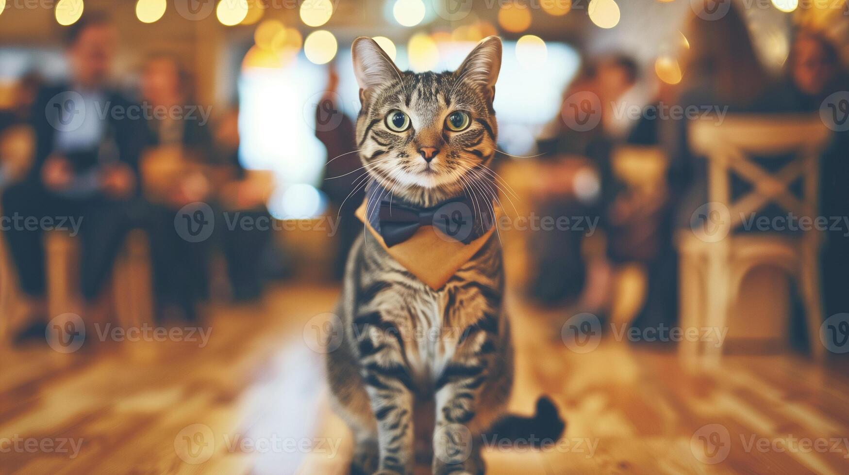 Cat in bow tie at a party. Tabby cat wearing a bow tie at a social gathering with blurred people in the background. . photo