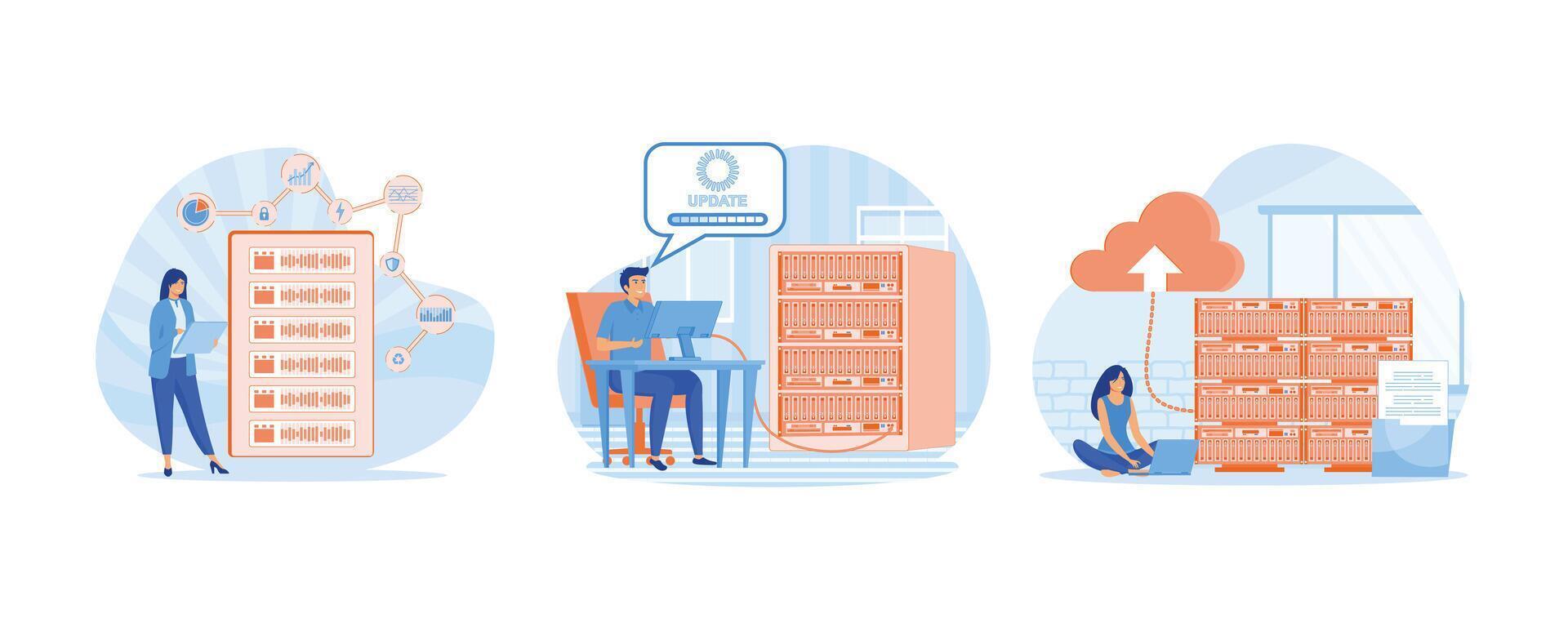 Server maintenance with monitoring tools. Man working at server rack hardware room, updates and optimization computer systems. Server maintenance concept scene. Set flat modern illustration vector