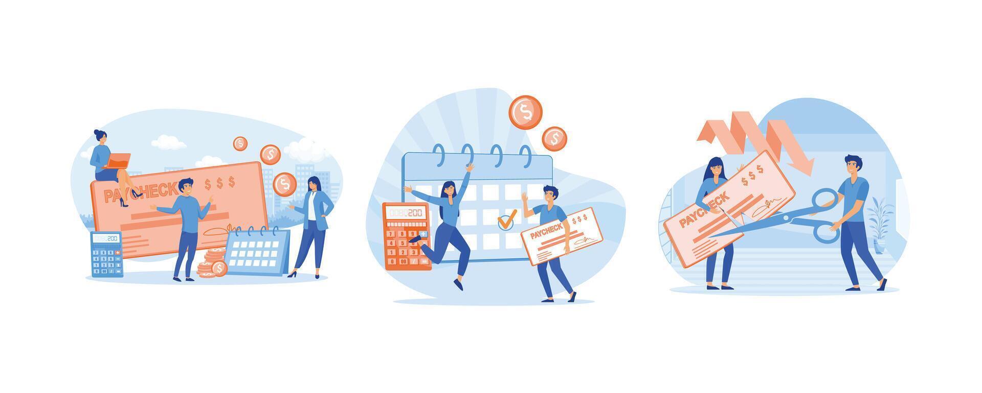 Salary and payroll concept. Calendar with payday, business people getting a paycheck. Boss cutting staff employee pay, reducing running costs of a company. Set flat modern illustration vector