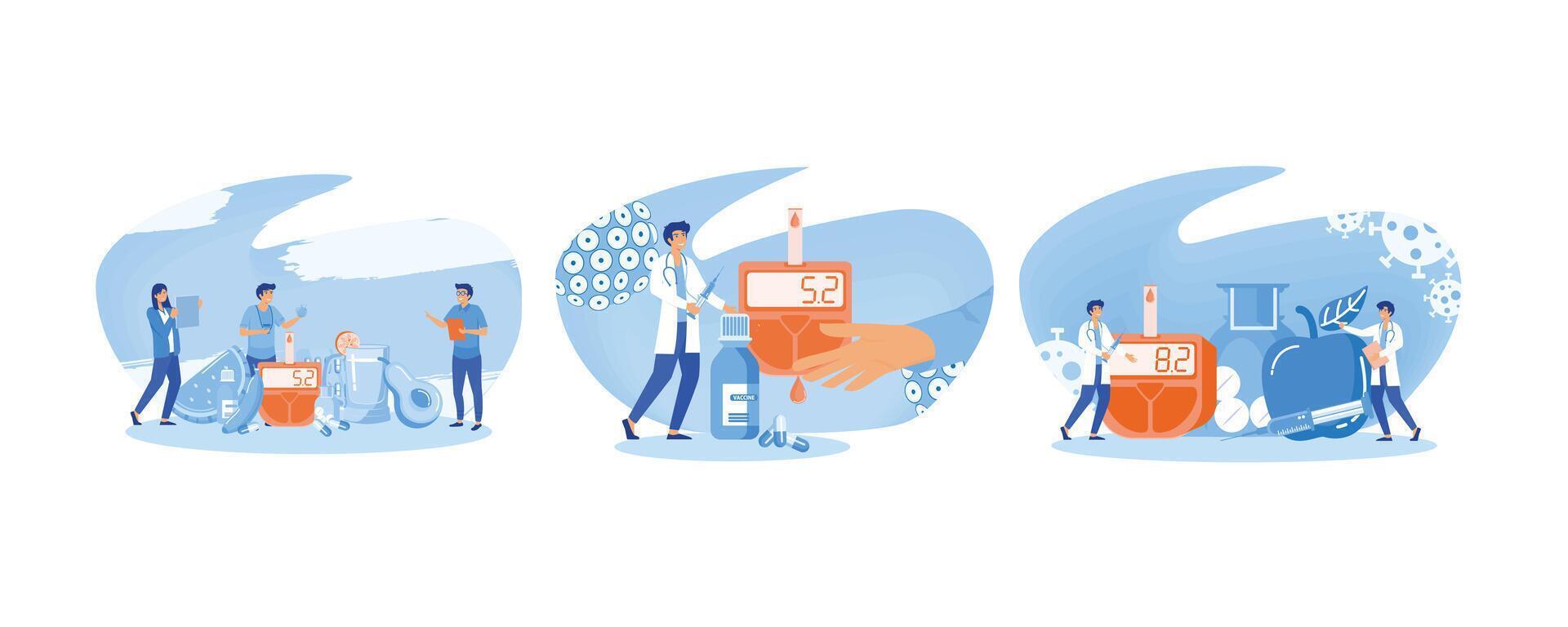 Tiny people diabetic medications and glucometers for sugar level blood test. Illness treatment with insulin injection. Diabetic Blood Glucose Level Test. Set flat modern illustration vector