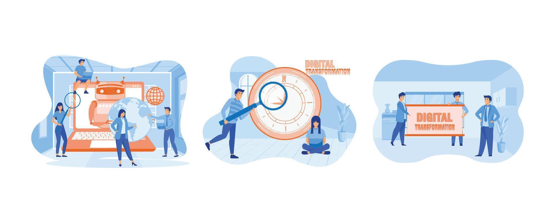 Digital Transformation concept. Data Analysis and Digitization Concept. A company staffs showing the boss the future direction of the company. Set flat modern illustration vector