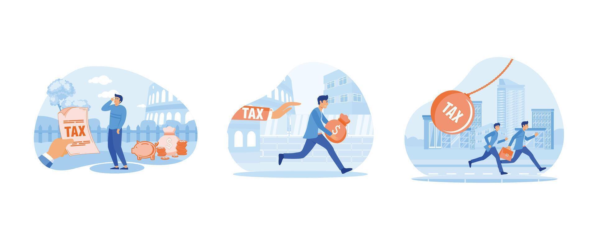 Entrepreneur holding saving piggybank looking at tax bills. A of businessman running away from tax concept. Businessman running away from huge pendulum with tax. Set flat modern illustration vector