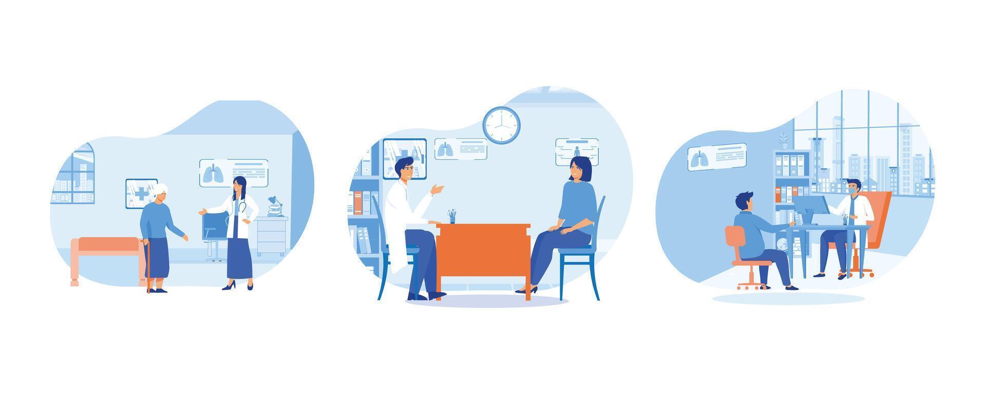 Elderly woman a Medical Consultation with a Geriatrician Doctor. Medicine concept with doctor and patient. Doctor in consulting man patient. Set flat modern illustration vector