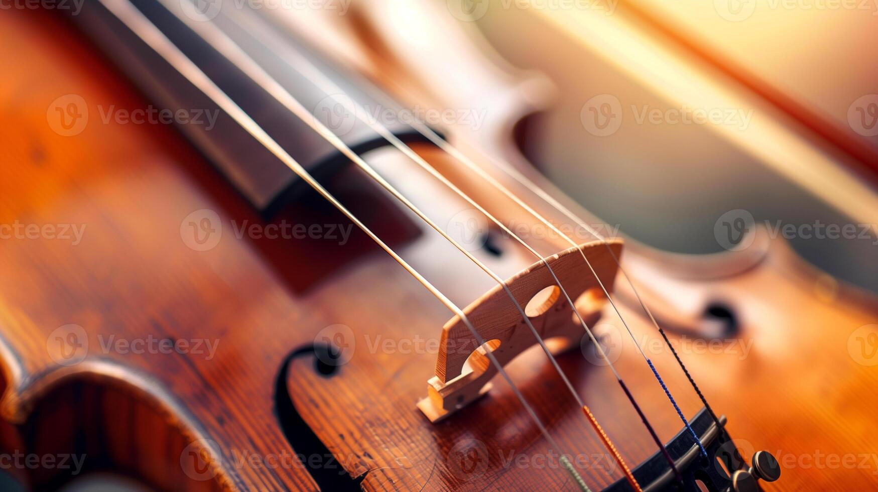 Close-up of a violin. Detailed close-up of a violin focusing on the strings and bridge, highlighted by warm lighting. photo