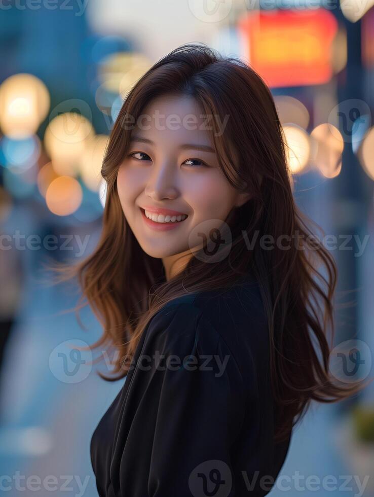 ciudad crepúsculo sonriente joven mujer retrato foto